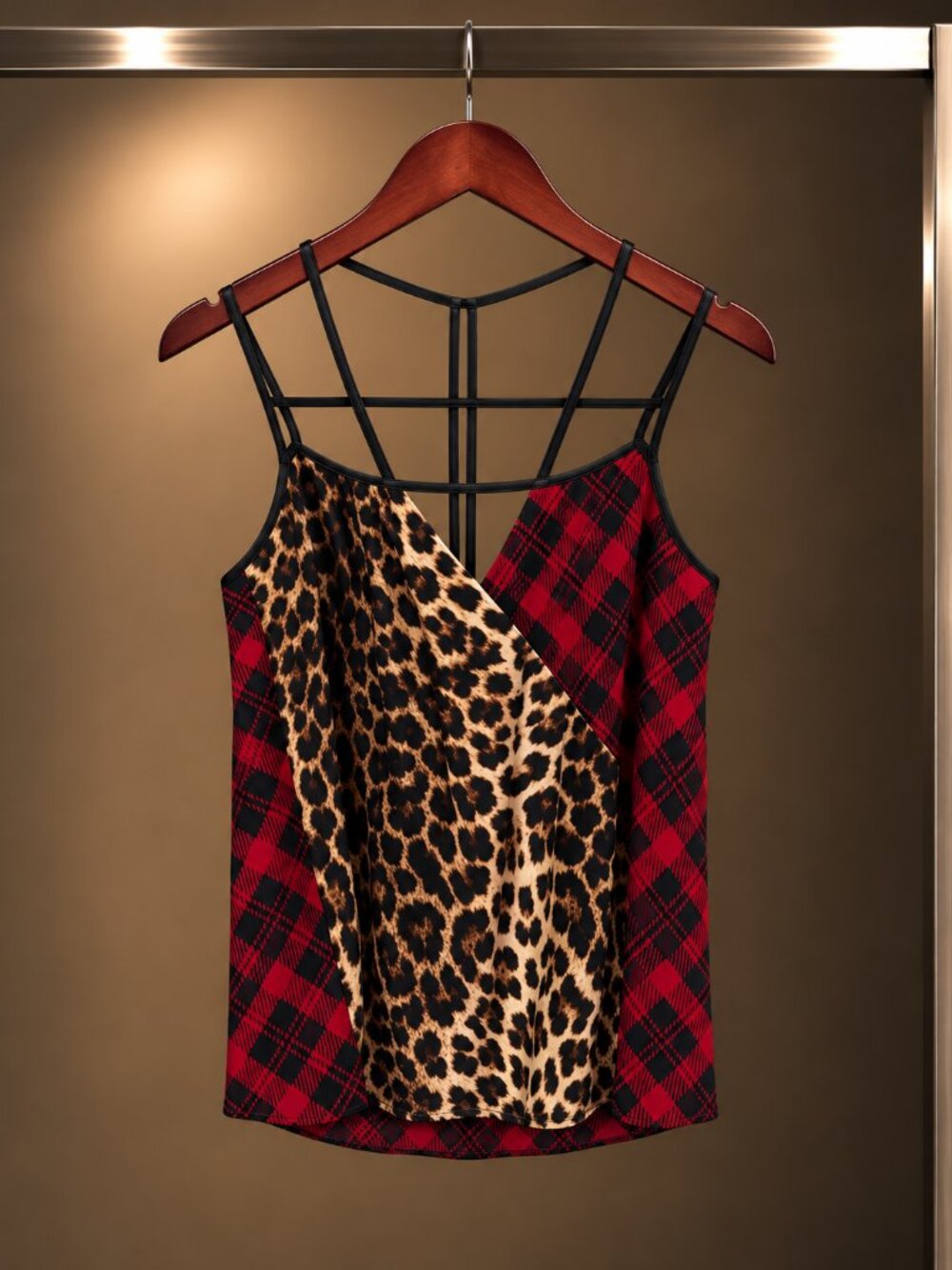 Alice & Trixie 100% Silk Leopard Red Plaid Strappy Cami Top Caged Back Size XS
